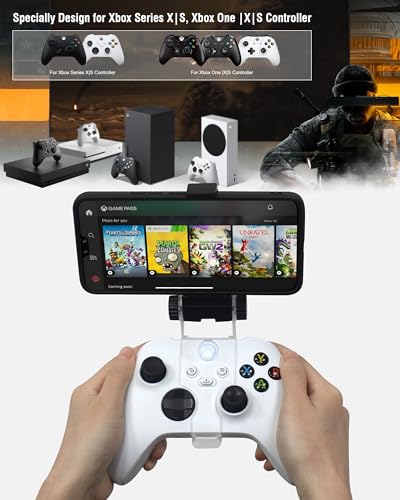 Joso Mobile Phone Holder for Xbox Controller, Cellphone Mount Clamp Compatible with Xbox Series S/X, Xbox One/S/X Gamepad, Adjustable Clip with 2 Thumb Grip Caps