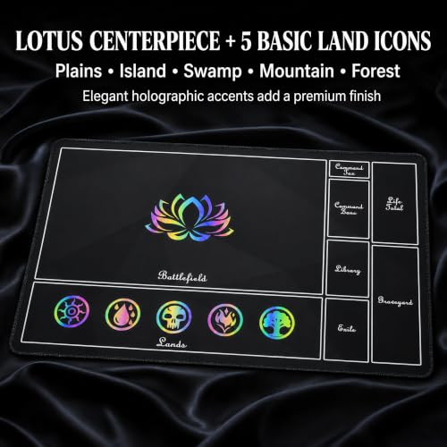 Holographic TCG Playmat Compatible with MTG - 24x14 Iridescent Rainbow Foil Card Game Mat, Borderless 5-Element Art, Stitched Edges & Anti-Slip Rubber Base for Tabletop Gaming (Basicland2) - color: Basicland2