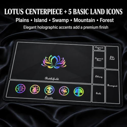 Holographic TCG Playmat Compatible with MTG - 24x14 Iridescent Rainbow Foil Card Game Mat, Borderless 5-Element Art, Stitched Edges & Anti-Slip Rubber Base for Tabletop Gaming (Basicland2) - color: Basicland2