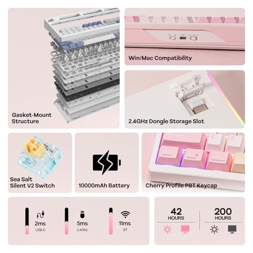 EPOMAKER TH108 PRO Full Size Mechanical Keyboard with Screen & Knob, Wireless Gaming Keyboard with 10000mAh, Creamy Gasket, Hot Swap, Custom Driver, RGB Backlight, NKRO (Pink, Sea Salt Silent) - color: Pink, size: Sea Salt Silent