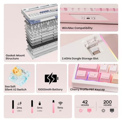 EPOMAKER TH108 PRO Full Size Mechanical Keyboard with Screen & Knob, Wireless Gaming Keyboard with 10000mAh, Creamy Gasket, Hot Swap, Custom Driver, RGB Backlight, NKRO (Pink, Sea Salt Silent) - color: Pink, size: Sea Salt Silent