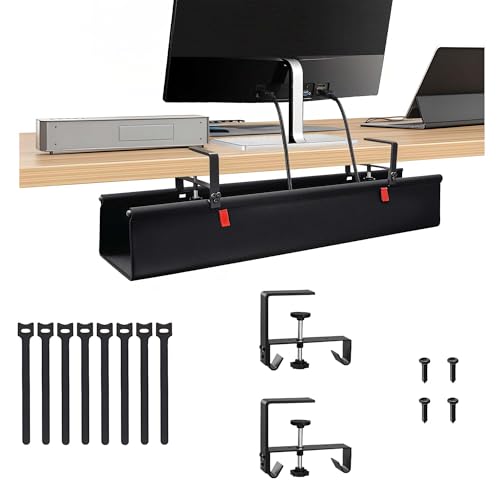 No Drill Cable Management Under Desk, 28" Cord Organizer for Table | Clamp/Screw Mount Cable Management Tray, Premium Black Fabric Desk Cord Management Tray for Office, Home