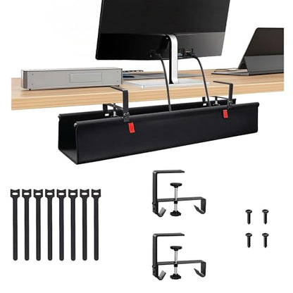 No Drill Cable Management Under Desk, 28" Cord Organizer for Table | Clamp/Screw Mount Cable Management Tray, Premium Black Fabric Desk Cord Management Tray for Office, Home