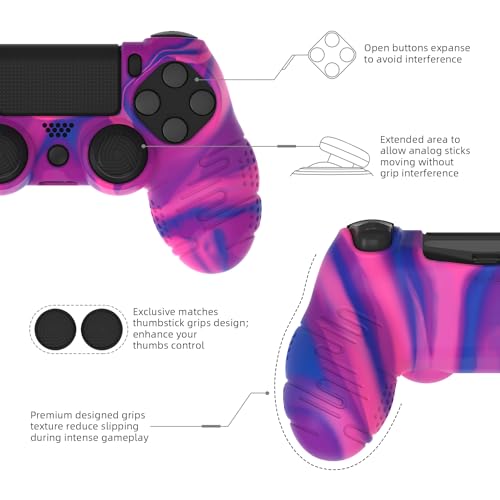 PlayVital Line & Dot Pink & Purple & Blue Silicone Cover Skin for ps4 Controller, Anti-Slip Soft Protector Case Cover with Thumb Grip Caps - color: Pink Purple Blue