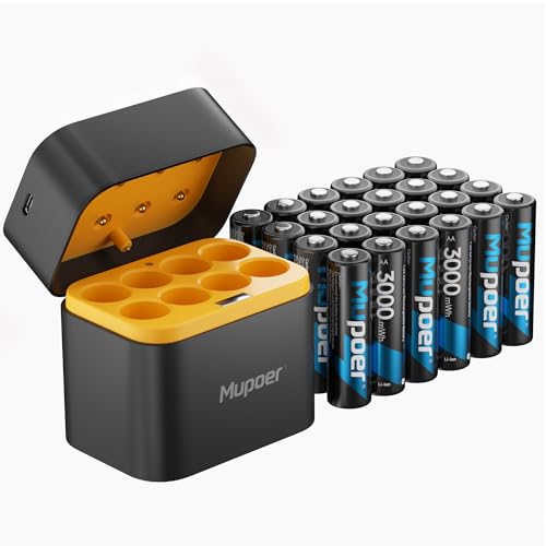 Mupoer 24 Pack Rechargeable AA Batteries Lithium with Charger,3000mWh 1.5V Lithium AA Blink Batteries,Double A Battery Rechargeable,Long Lasting Pilas Recargables Lithium ion AA Battery for Xbox - size: 3000mWh 24AA