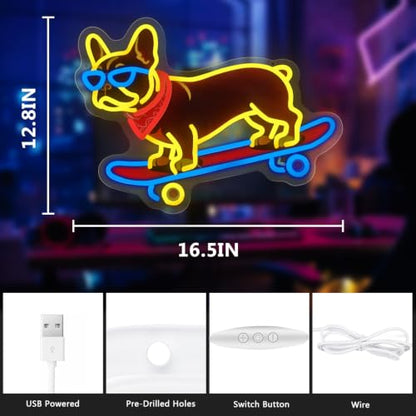 French Bulldog Skateboarding Neon Sign, Skateboard Dog Frenchie Wearing Glasses Neon Signs | Dimmable LED Bulldog Wall Art Decor | Frenchie Dog Lover Gifts - color: French Bulldog