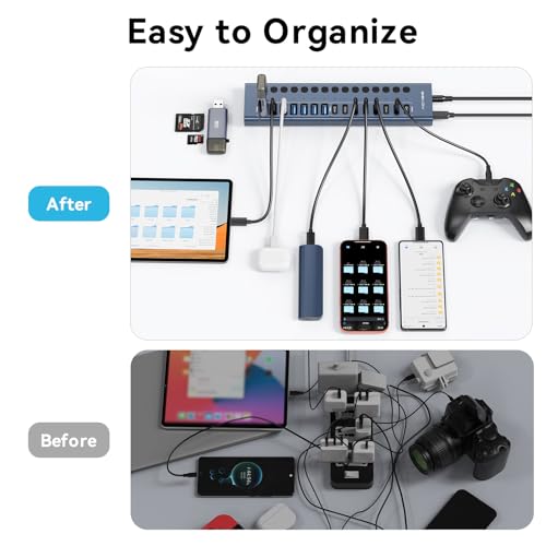 ACASIS 16 Ports Powered USB 3.2 Hub (8 USB-A 3.2 +8 USB-C 3.2) | Aluminum USB Hub Powered with 96W Power Adapter, USB Hub for PC/Laptop, Computer, Flash Drive, Printer, Camera - color: Gray