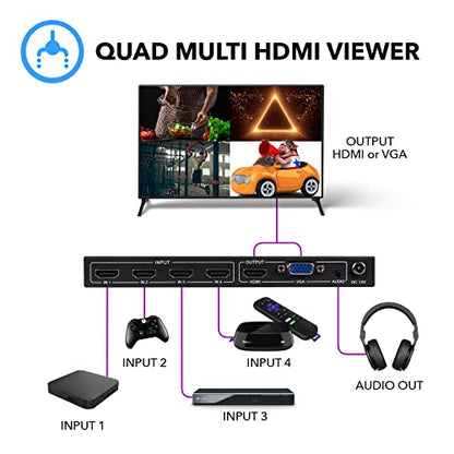 OREI 4x1 Quad Multi Viewer Switch - 1080p IR 3.5mm/Analog HDMI 1.4 HDCP 1.4 | Multiviewer, HDMI Switch 4x1 – 5 Display Modes, VGA Output, LPCM 2CH Audio, 4.95Gbps, Auto Input Detection - style: 4x1 Multiviewer - 1080p with VGA