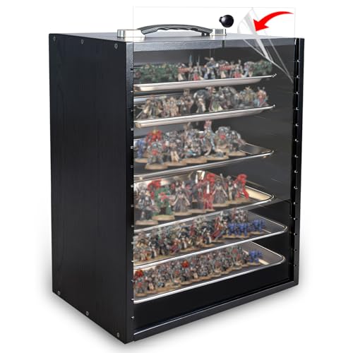 Miniature Carry Case with 6 Magnetic Carbon Steel Trays, Wooden Tabletop Miniatures Storage Box with Clear Acrylic Door for Figurines, War Games Models, Portable Display Case - color: Black