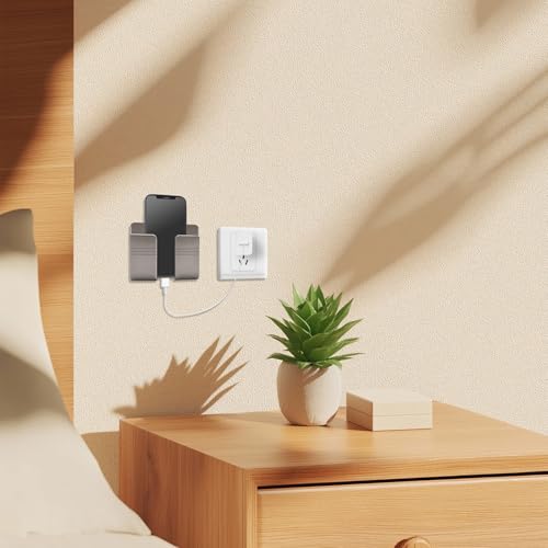 2 Pcs Wall Mount Phone Holder with Adhesive Phone Stand with Data Cable Receiving Hole, Charger Remote Control Storage Box for Bedroom, Kitchen, Bathroom, Office (Gray) - color: Grey
