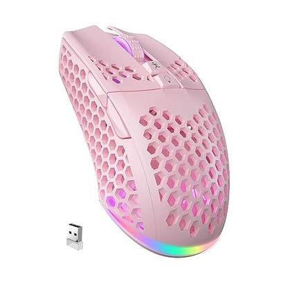 SOLAKAKA SM600 Pink Wireless Gaming Mouse with Honeycomb Shell, Side Buttons,Tri-Modes(BT5.1+BT5.1+2.4GHz) Lightweight RGB Wireless Mouse for PC/Tablet/Desktop/Office/Games - color: pink