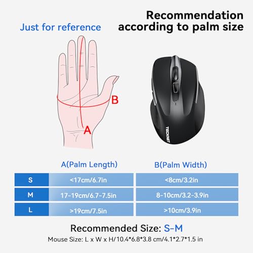 TECKNET Wireless Mouse Rechargeable, 2.4G Computer Mice with USB-A Receiver | 2.4G Connection, 800mAh Battery, 3X Faster Charging, Silent Click, 6-Level 4800 DPI, Ergonomic Design for All-day Comfort - color: Black