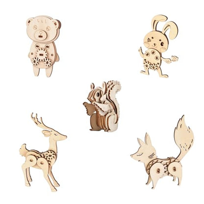 3D Wooden Puzzles for Ages 8+, 5 Pack Animal Puzzles, FSC-Certified Wood, Plastic-Free Toy, STEM Kit for Kids Teens Adults, Wood Craft Model Kit, Individually Wrapped Party Favors - Woodland Frens - color: Woodland Frens