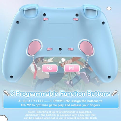 Kuitmor Cinnamoroll Switch Pro Controller, Cute Hall Effect Wireless Gamepad No Drift for Switch 2/Switch/OLED/Lite, PC/Steam, Android, iOS, Bluetooth + Wired, Turbo, Back Buttons, 6-Aixs Gyro, Wake-up, RGB (Blue, Without 2.4g Receiver) - color: Blue