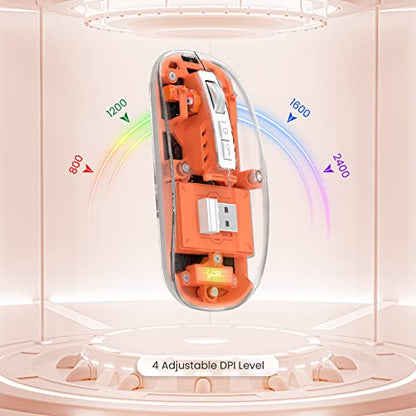 A.JAZZ Wireless Bluetooth5.1&2.4G Mini Lightweight Mouse,Transparent Clear Cool,Rechargeable Silent Computer Mice,Nano USB C Receiver,LED Battery Magic Silm For Office/PC/Mac/Laptop/Apple/ipad(Orange) - color: Orange