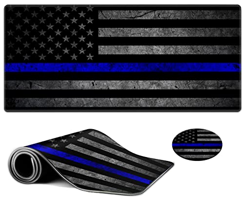 Large Gaming Mouse Pad, Thin Blue Line American Flag Design Keyboard Mat Desk Mousepad, Full Desk Extended XXL Mouse Pad 35.5" X 15.75" w/Stitched Edges Non-Slip for Office Home Gamer