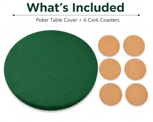 Katai Poker Table Cover - Green Felt Casino Style for Game Night, Poker, Mahjong, Board Games, Round Table Top, 36-45 Inch, Noise Reducing, Slip Prevention, Smooth Fabric, Includes 6 Cork Coasters