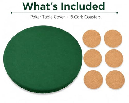Katai Poker Table Cover - Green Felt Casino Style for Game Night, Poker, Mahjong, Board Games, Round Table Top, 36-45 Inch, Noise Reducing, Slip Prevention, Smooth Fabric, Includes 6 Cork Coasters