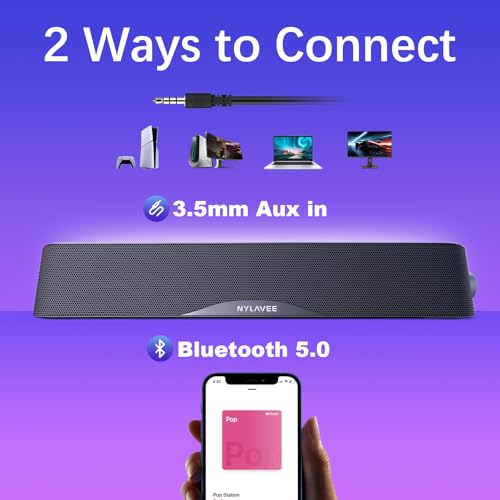 Nylavee Computer Speakers, Hi-Fi Stereo Computer Sound Bar with Bluetooth & 3.5mm Aux, USB/USB-C Powered for Desktop PC, Laptop & Monitor, Built-in Mic and Headphone Jack - color: Black