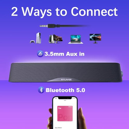 Nylavee Computer Speakers, Hi-Fi Stereo Computer Sound Bar with Bluetooth & 3.5mm Aux, USB/USB-C Powered for Desktop PC, Laptop & Monitor, Built-in Mic and Headphone Jack - color: Black