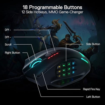 Redragon M908 Wired MMO RGB Gaming Mouse 12400 DPI Remapping Keys | Stable Lag-Free Connection, Redefine Keybinding Macro, Vibing Backlight, Ergonomic Grip Body Comfort - color: Black, style: Wired M908