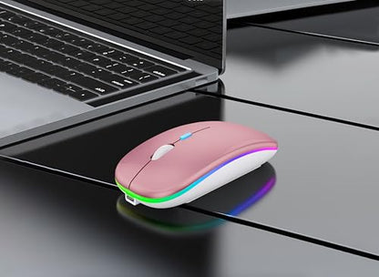 WREANU Wireless Bluetooth Mouse Rechargeable Laptop Mice with LED Lights Silent Slim Use(BT5.2 & 2.4G Portable USB) Dual Mode Computer Mouse for Laptop/iPad/Tablet/Apple/Computer/Mac(Rose Gold) - color: Rose Gold Wireless Bluetooth Mouse