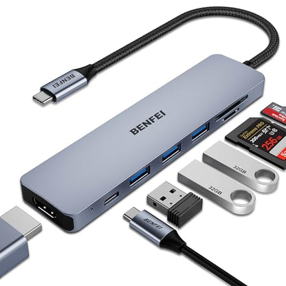 BENFEI USB C HUB 7-in-1 with HDMI(4K@60Hz,Certified), 100W Power Delivery, 3*USB 3.0, SD/TF Card Reader(160MB/s) Compatible with iPhone 15 Pro/Max, MacBook, iPad Pro, iMac, S23, XPS17 - color: Gray, size: 7-in-1