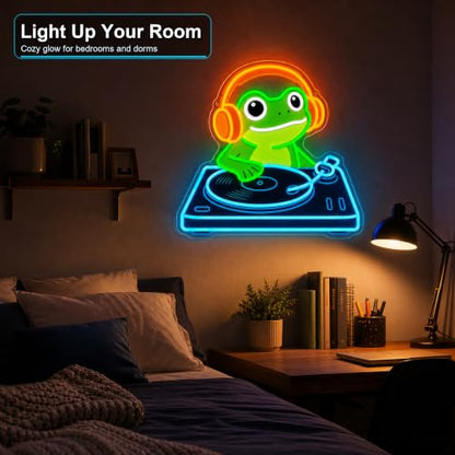 Frog DJ Neon Sign, Music Neon Signs for Wall Decor, Cute LED Light Up Sign for Bedroom, Game Room, Man Cave, Bar, Studio and Party Decor, USB Powered Dimmable Funny Wall Art Gift for DJ Music Lovers - style: DJ Frog