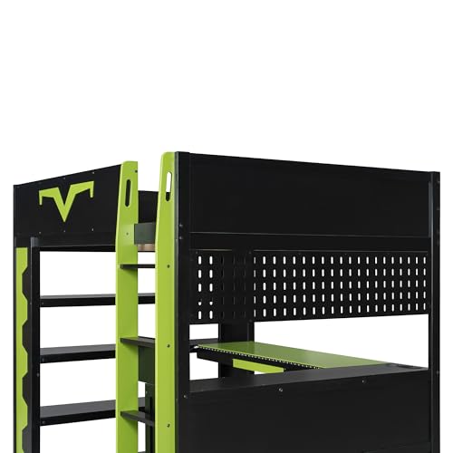 Merax Gaming Loft Bed with Integrated Desk & RGB LED Lights, Pro-Gamer Bed with Power Outlet, Large Bookshelf, Pegboard, Keyboard Tray & Storage Drawer, 3 Colors Available, Full Size, Green