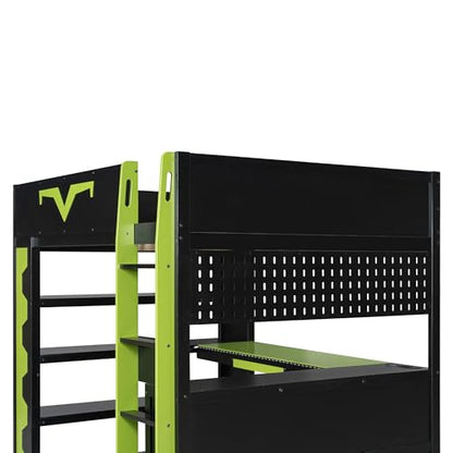 Merax Gaming Loft Bed with Integrated Desk & RGB LED Lights, Pro-Gamer Bed with Power Outlet, Large Bookshelf, Pegboard, Keyboard Tray & Storage Drawer, 3 Colors Available, Full Size, Green