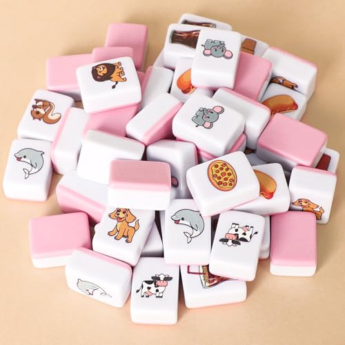 GRACIAS 2 Players Mahjong Block Set, Mahjong Tile Game with 50 Premium Pink Tiles(30mm) Animal and Food Pattern, Portable Mahjongg Set with A Carry Bag - color: Pink