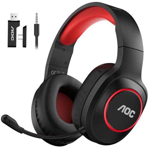 AOC Bluetooth Gaming Headset with Mic for PC, PS5/4, Nintendo Switch, 2.4GHz Wireless Gaming Headphones with RGB, USB-C, 7.1 Virtual Surround 20ms, Latency, 45H Playtime- Red - color: Red