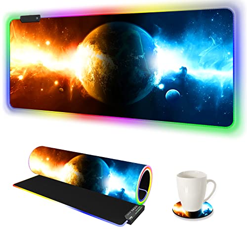 ARTSO RGB Gaming Mouse Pad Large, Extended LED Mouse Mat XXL 35.4x15.7 inch, 14 Lighting Modes, 2 Brightness, Non-Slip Rubber Base Mousepad Waterproof Keyboard Mat,Universe Space Starry Sky - color: Universe Space Starry Sky