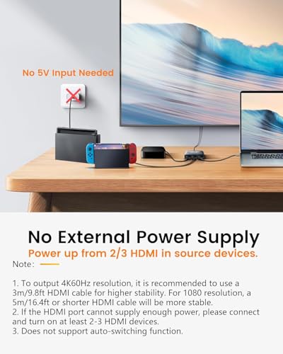HDMI Switch 3 in 1 Out, 4K@60Hz Aluminum Alloy 【with 4FT HDMI 2.0 Cable】 | HDMI Splitter Switch supports HDCP2.2 and HDR10, compatible with PS5, Fire TV Stick, Xbox, PC and Projector