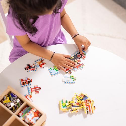 Melissa & Doug 4‑in‑1 Wooden Vehicle Jigsaw Puzzle Set, 48 Pieces with Storage Box, Toddler Puzzle Toy for Kids Ages 3+- FSC Certified - style: Vehicles