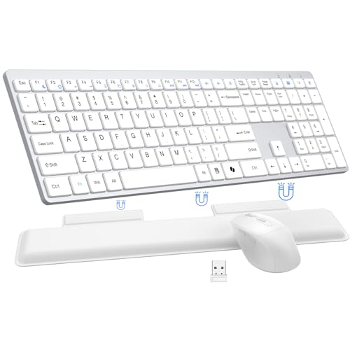 Wireless Keyboard and Mouse Combo, Full Size Silent Ultra Thin Keyboard with Magnetic Wrist Rest, Optical Mouse, 2.4G Lag-Free Cordless Mice Keyboard Set for Computer, Mac, Laptop, PC, Windows - color: Silver White
