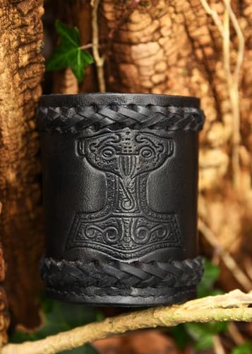 Ulfberth - Viking dice Cup with Embossed Motif - Genuine Leather - Medieval Leather Cup with Engraving (Thor's Hammer Style, Black) - color: Thor's Hammer, Black