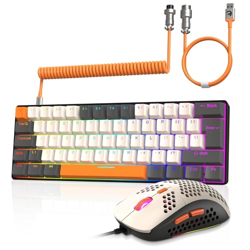 ZIYOU LANG RK-T60 Wired Mechanical Gaming Keyboard and Mouse Combo Mini Portable with Rainbow Backlit 62Key NKRO 6400DPI RGB Honeycomb Mice Coiled Aviator C Cable for PC/Win Gamer(Yellow/Brown Switch - color: Yellow, size: Keyboard + Mouse + Coiled Cable