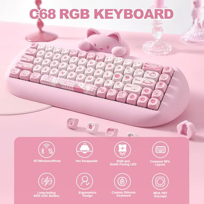 YUNZII C68 Silicone Cute Cat Mechanical Keyboard (Pink, Cocoa Cream Switch) | Wireless Triple Mode BT5.0/2.4G/Wired, RGB Backlit NKRO, Cute Cat Silicone Ergonomic Design for Win/Mac - color: Pink, size: Cocoa Cream V2 Switch
