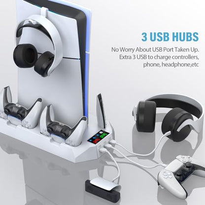 PS5 Slim Stand and Cooling Station with Controller Charging Station for Playsation 5 Slim&Standard Disc/Digital Console, PS5 Accessories Incl. Controller Charger/Turbo Fan/3 USB Hub/Headset Holder - color: WORK WITH PS5 Slim and PS5
