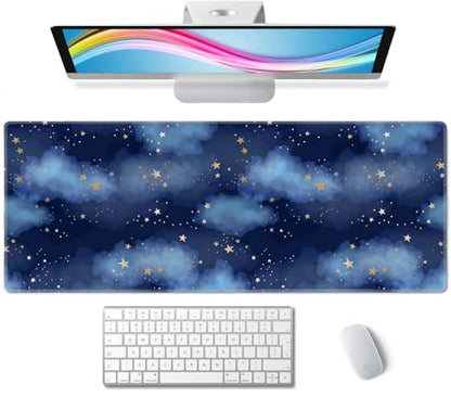 Stars and Clouds Desk Mat Large Gaming Mouse Pad XL Extended Mousepad Desk Pad Big Keyboard Pad Desktop Mouse Mat 31.5"x11.8" Deskmat for Gamers with Stitched Edges Non-Slip Rubber Base - color: Stars and Clouds