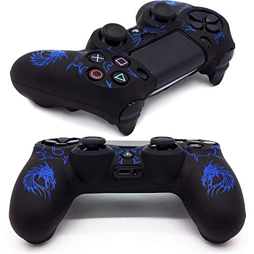 Skin for PS4 Controller, BRHE Anti-Slip Grip Silicone Cover | Protector Case Compatible with PS4 Slim/ Pro Wireless/Wired Gamepad Controller with 2 Dragon Carving Thumb Grip Caps - color: Blue