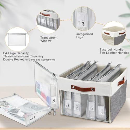 Large Board Game Storage Box with 6pcs Double-Layer B4 Zipper Bags, Board Game Organizer with Clear Window and DIY Label,Game Storage Containers for Office Supplies,Puzzles,Building Blocks,Craft
