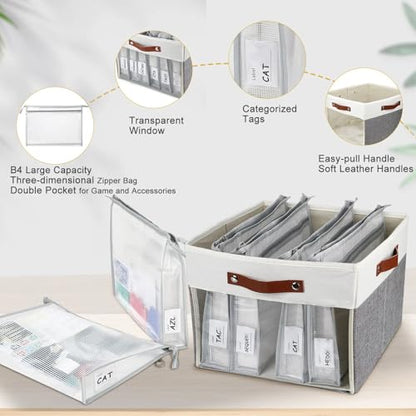 Large Board Game Storage Box with 6pcs Double-Layer B4 Zipper Bags, Board Game Organizer with Clear Window and DIY Label,Game Storage Containers for Office Supplies,Puzzles,Building Blocks,Craft