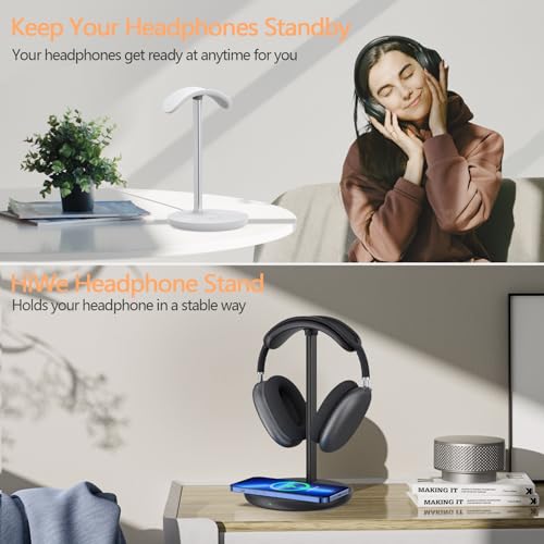 Headphone Stand with Wireless Charger, Gaming Headset Holder Hanger Rack 2 IN 1 Wireless Charging Station Dock for iPhone 15/14/13/12/11 Series, Samsung, AirPods Pro/3/2 and Desk All Headphones, Black - color: A-Black