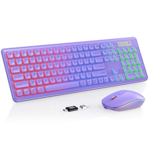 Wireless Keyboard and Mouse Combo, RGB Backlit, Rechargeable & Light Up Letters, Full-Size, Soft Typing, Sleep Mode, 2.4GHz Quiet Keyboard Set for Mac, Windows, Laptop, PC, Trueque (Purple) - color: Purple