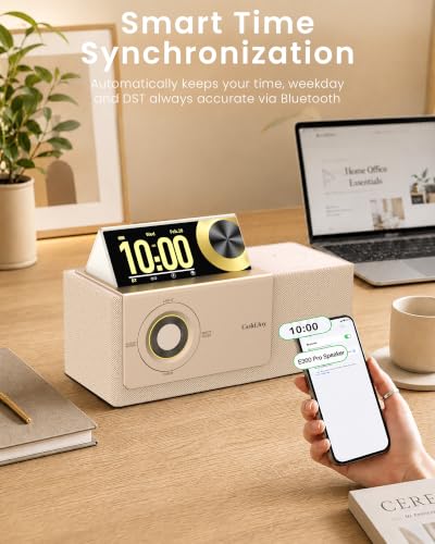 GoldJoy 7 in 1 Bluetooth Speaker Wireless Charging Station for Home Gift | Sound with Punchy Bass, Sunset Lamp & White Noise for Sleep, Smart Flip-Up LCD Display, Clock Syncs Phone's Time and Date - color: Beige