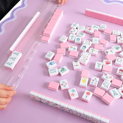 160 Pink Engraved American Mahjong Game Set with Carrying Bag and Accessories, 1.2’’ Mahjong Tile Set - color: 2-pink