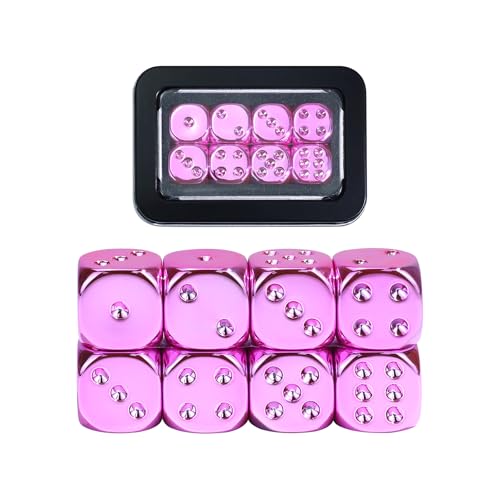 SIXPOINTS 8 Pieces 16mm Pink Electroplated Dice Set with Metal Box,Round Corner Standard D6 Board Game Dice Compatible with RPG MTG DND Table Games,Yahtzee, Bunco or Teaching Math - color: Pink