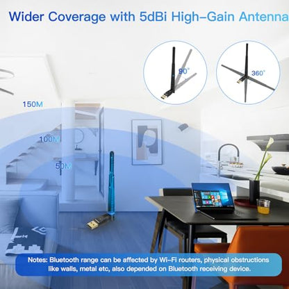 Long Range Upgraded Bluetooth 5.4 Adapter for PC, 5dBi High Gain Wireless USB Dongle for Windows 11/10/8.1/7 Laptop Linux Desktop, Plug & Pair Keyboard Mice Headphone Speaker Game Controller - size: Small Long Range Sized